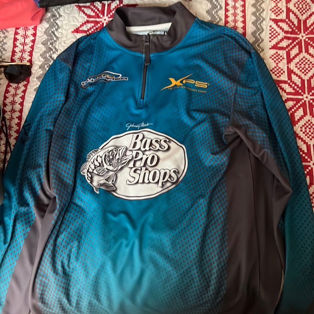 Bass Pro Teal and Gray Quarter Zip Fishing Shirt